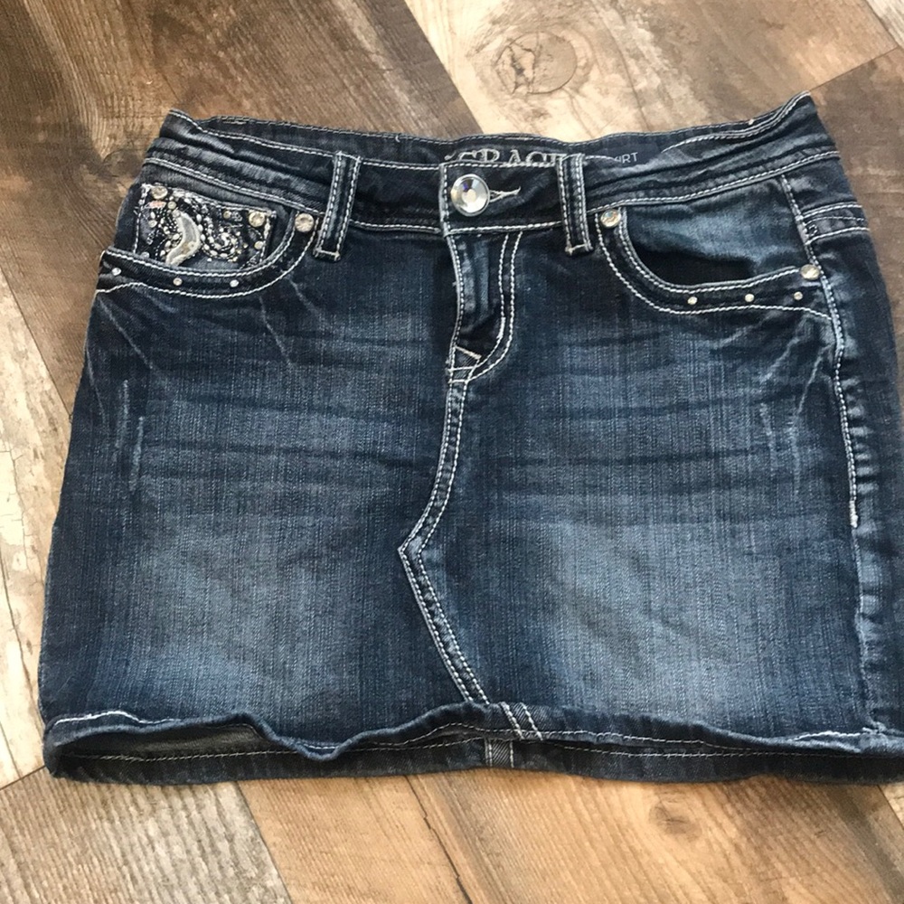 Jean Skirt with Embroidered Pockets